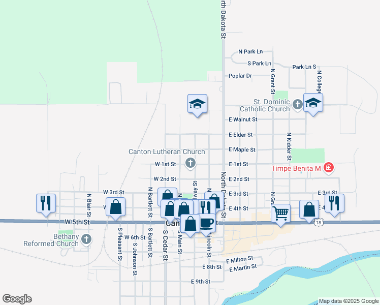 map of restaurants, bars, coffee shops, grocery stores, and more near 525 North Broadway Street in Canton