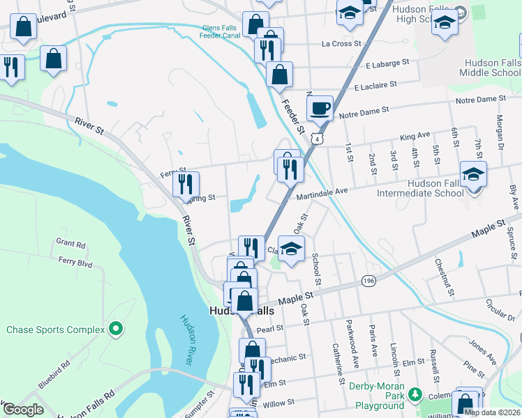 map of restaurants, bars, coffee shops, grocery stores, and more near 251 Main St in Hudson Falls
