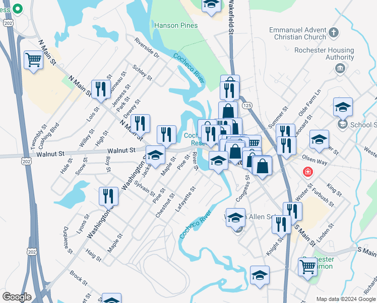 map of restaurants, bars, coffee shops, grocery stores, and more near 7 Pine Street in Rochester