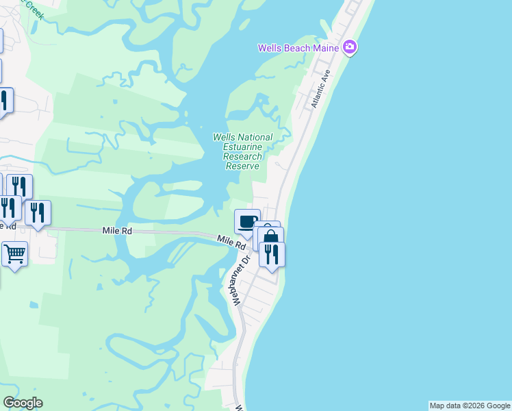 map of restaurants, bars, coffee shops, grocery stores, and more near 57 Ox Cart Lane in Wells