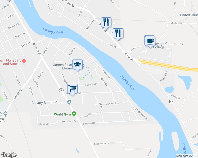 map of restaurants, bars, coffee shops, grocery stores, and more near 90 Ridge Road in Fulton