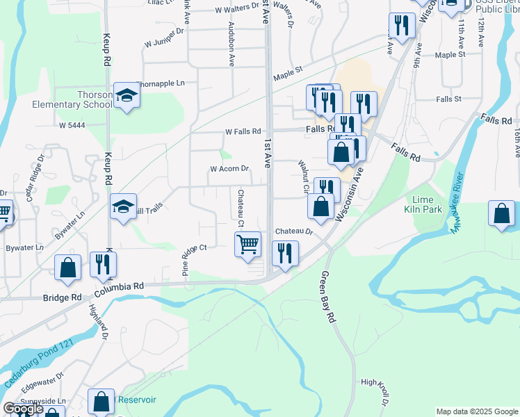 map of restaurants, bars, coffee shops, grocery stores, and more near 2045 1st Avenue in Grafton