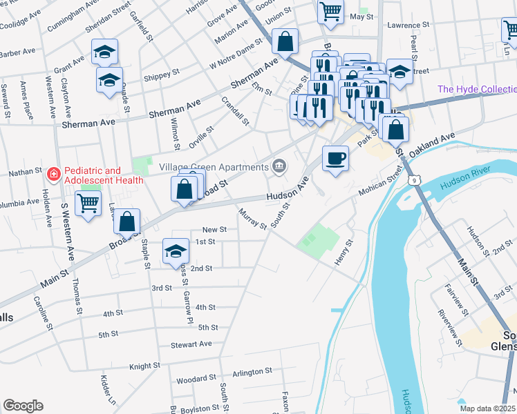 map of restaurants, bars, coffee shops, grocery stores, and more near 16 Hudson Avenue in Glens Falls