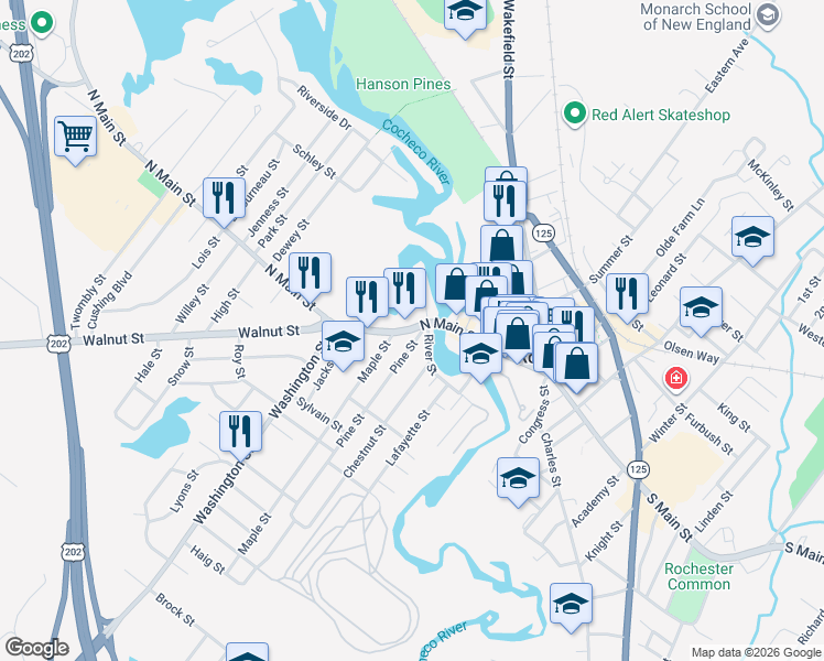 map of restaurants, bars, coffee shops, grocery stores, and more near 25 Pine Street in Rochester