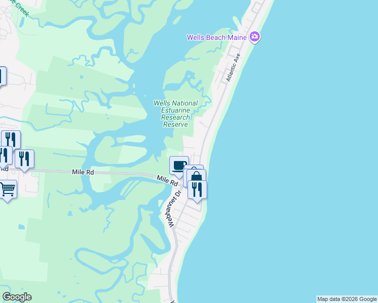 map of restaurants, bars, coffee shops, grocery stores, and more near 57 Ox Cart Lane in Wells