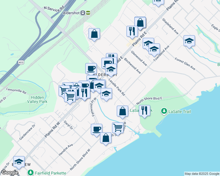 map of restaurants, bars, coffee shops, grocery stores, and more near 961 Park Avenue West in Burlington