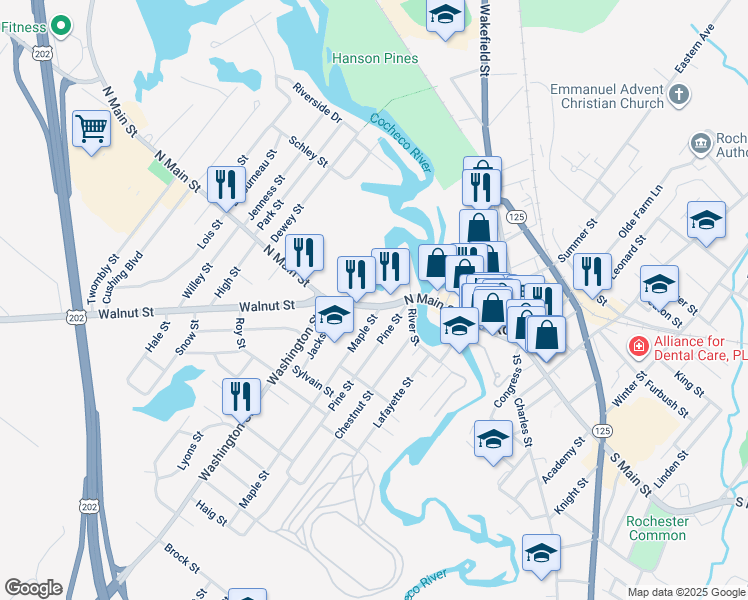 map of restaurants, bars, coffee shops, grocery stores, and more near 145 North Main Street in Rochester