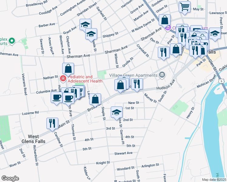map of restaurants, bars, coffee shops, grocery stores, and more near 143 Broad Street in Glens Falls
