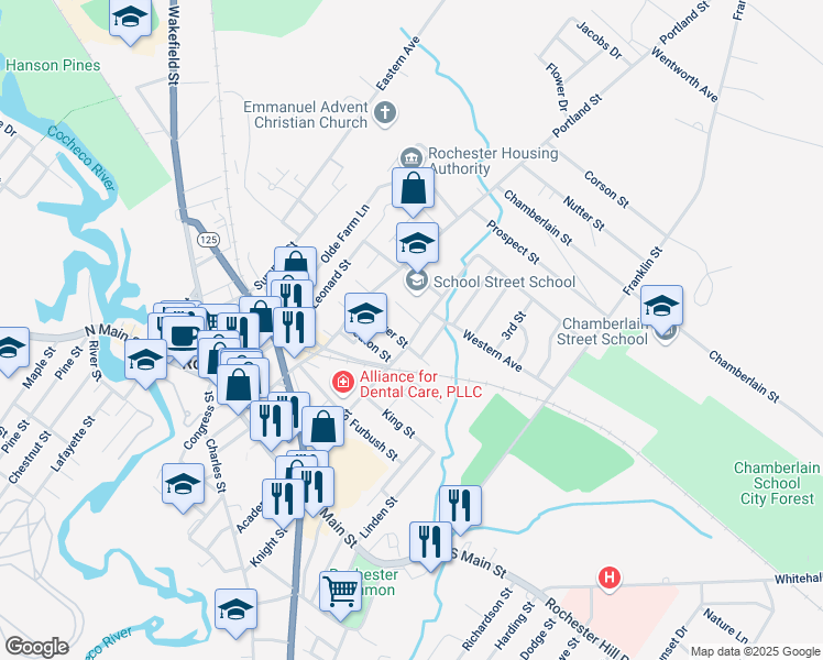 map of restaurants, bars, coffee shops, grocery stores, and more near 30 Silver Street in Rochester