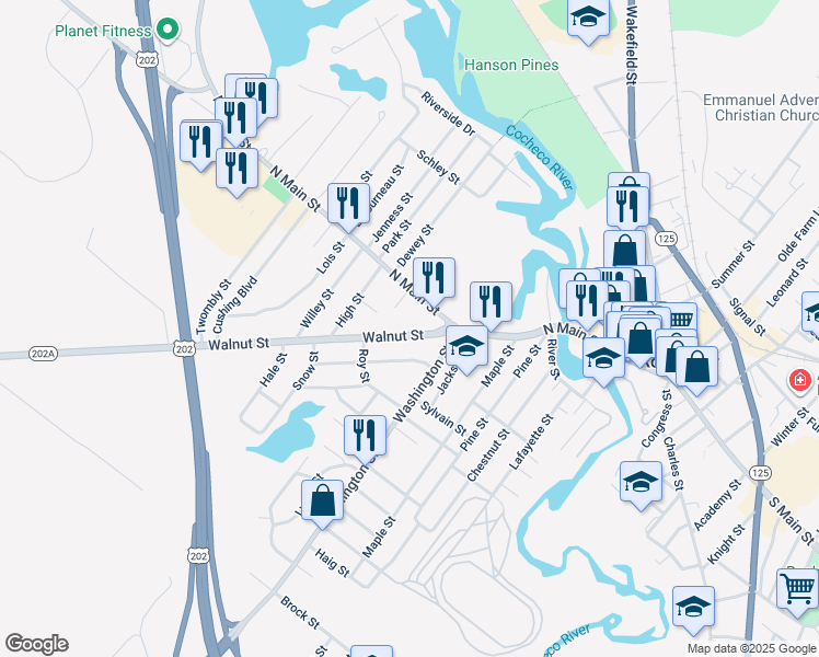map of restaurants, bars, coffee shops, grocery stores, and more near 21 Walnut Street in Rochester