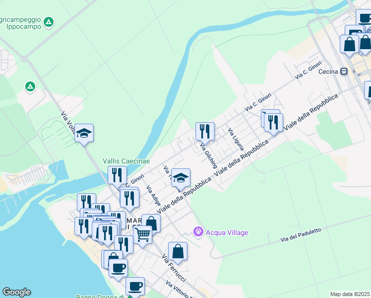 map of restaurants, bars, coffee shops, grocery stores, and more near 32 Via Carlo Ginori in Cecina