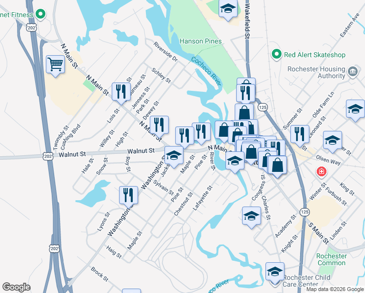 map of restaurants, bars, coffee shops, grocery stores, and more near 156 North Main Street in Rochester