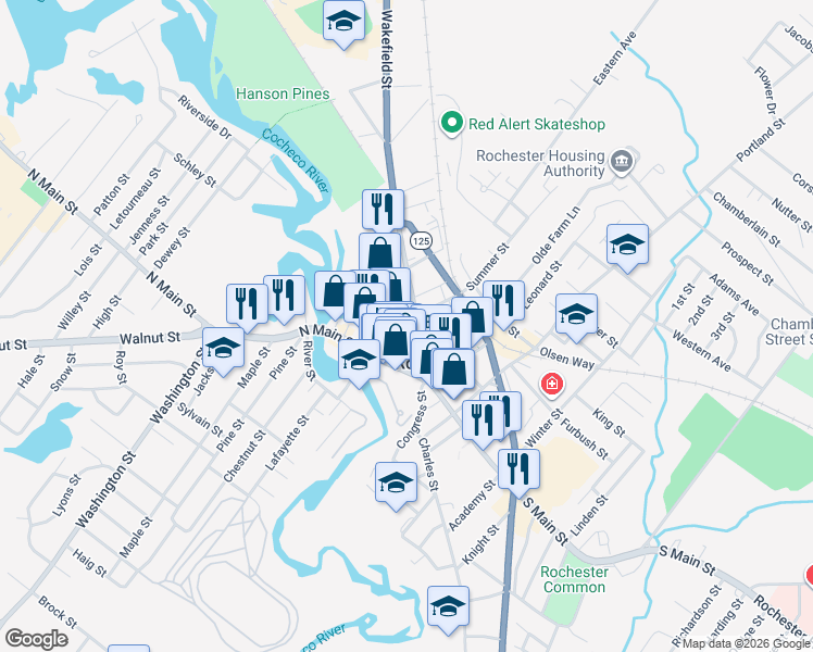 map of restaurants, bars, coffee shops, grocery stores, and more near 8 Barker Court in Rochester