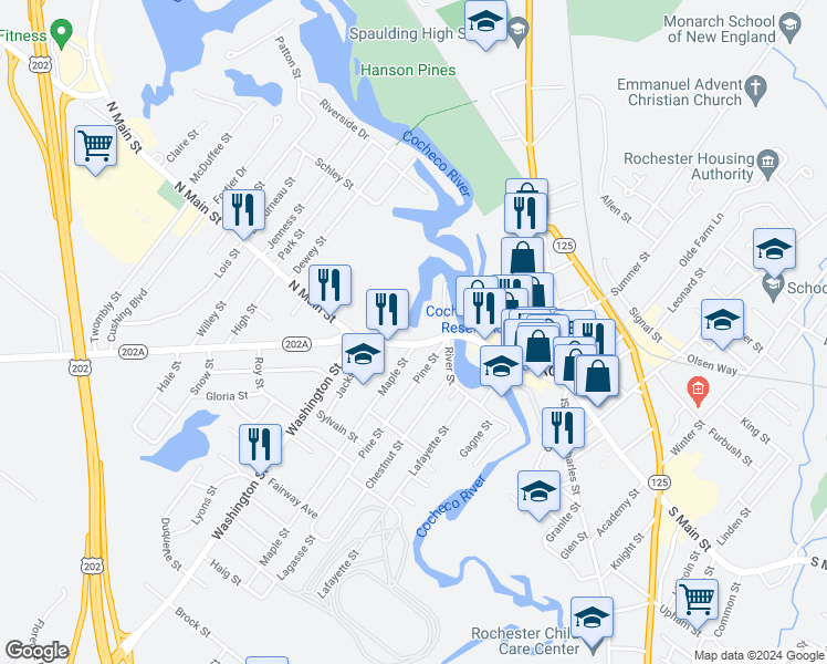 map of restaurants, bars, coffee shops, grocery stores, and more near 7 Pine Street in Rochester
