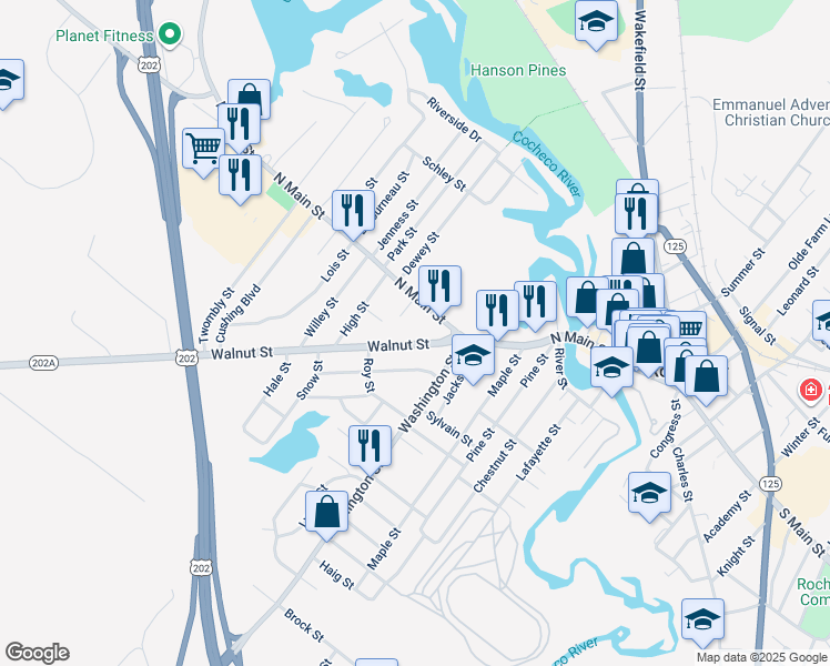 map of restaurants, bars, coffee shops, grocery stores, and more near 18 Walnut Street in Rochester