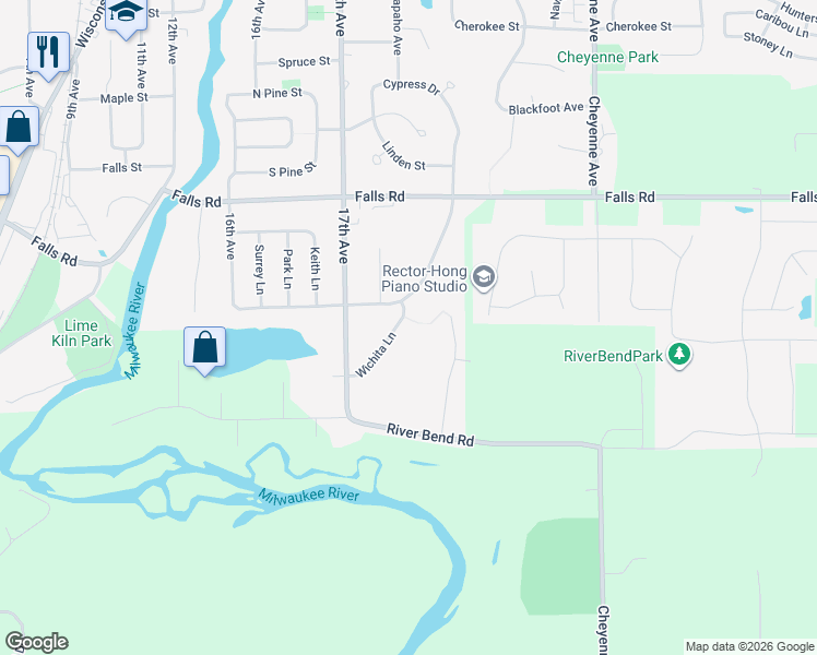 map of restaurants, bars, coffee shops, grocery stores, and more near 2032 Wichita Lane in Grafton