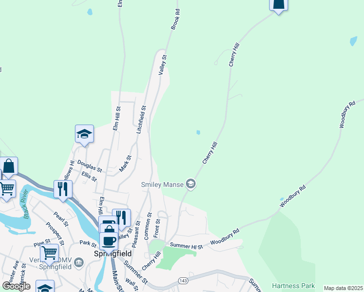map of restaurants, bars, coffee shops, grocery stores, and more near 68 Cherry Hill Street in Springfield