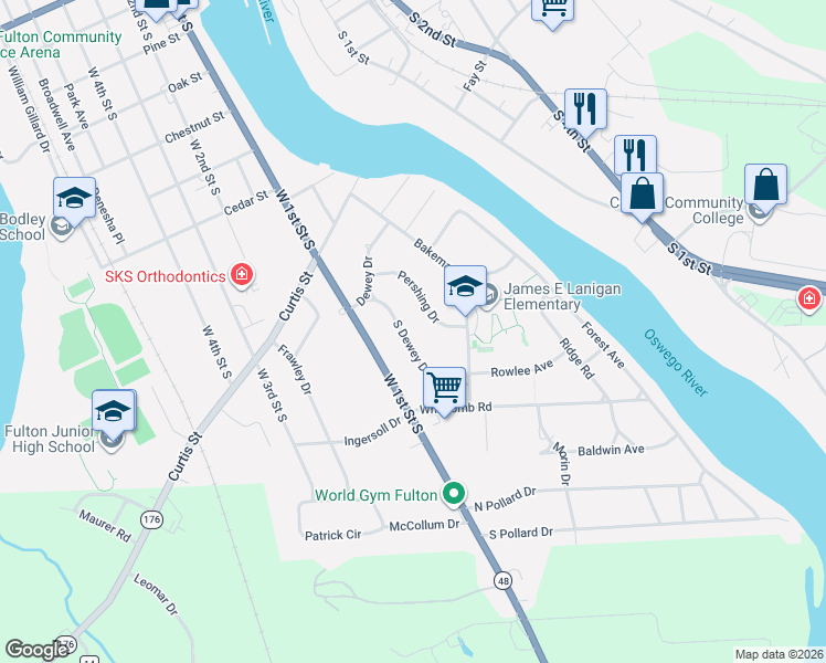 map of restaurants, bars, coffee shops, grocery stores, and more near 57 Dewey Drive in Fulton