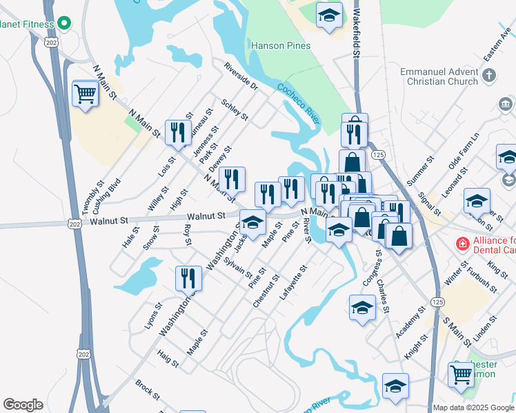 map of restaurants, bars, coffee shops, grocery stores, and more near 156 North Main Street in Rochester