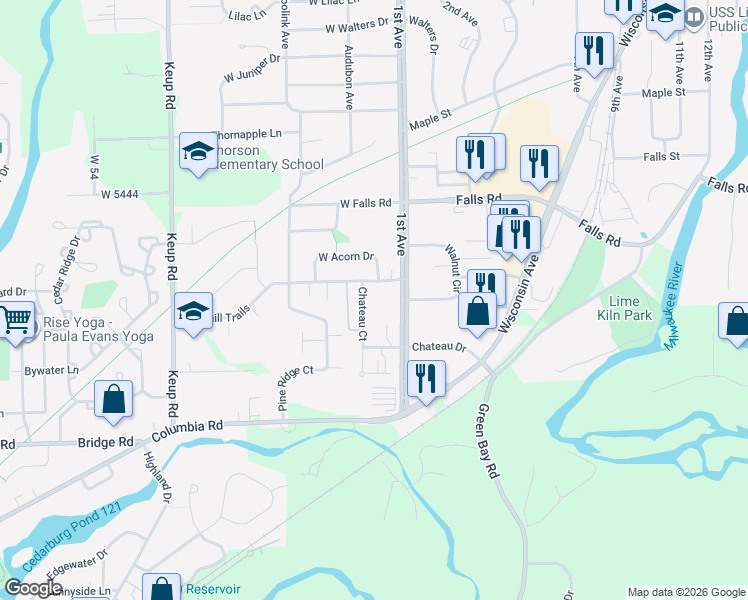 map of restaurants, bars, coffee shops, grocery stores, and more near 2076 Chateau Court in Grafton
