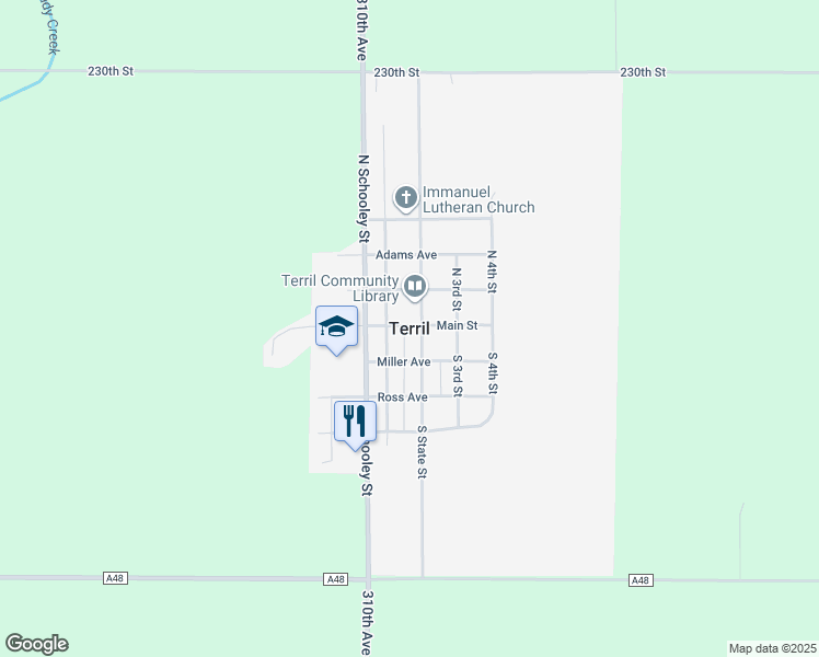 map of restaurants, bars, coffee shops, grocery stores, and more near in Terril