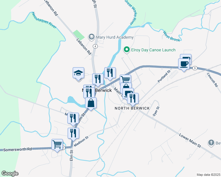 map of restaurants, bars, coffee shops, grocery stores, and more near 23 Wells Street in North Berwick