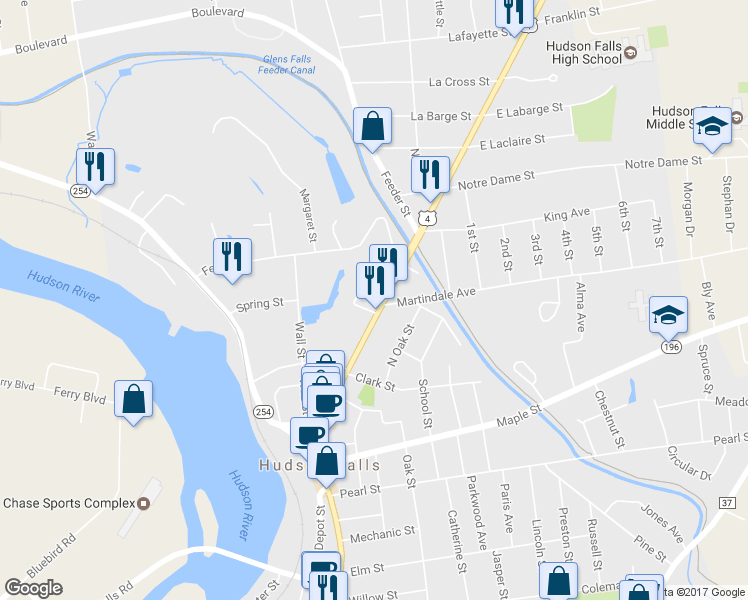 map of restaurants, bars, coffee shops, grocery stores, and more near 8 Weston Avenue in Hudson Falls