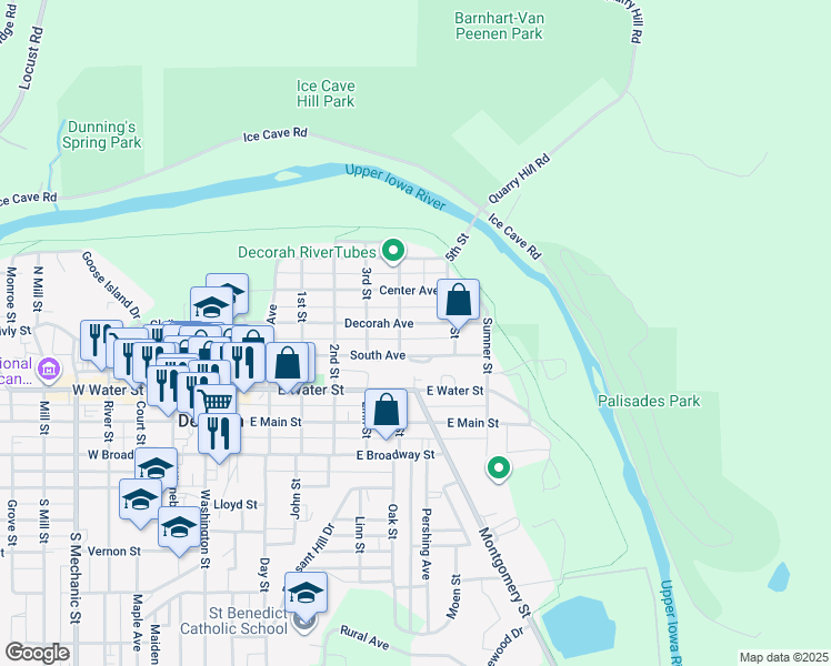 map of restaurants, bars, coffee shops, grocery stores, and more near 710 Decorah Avenue in Decorah