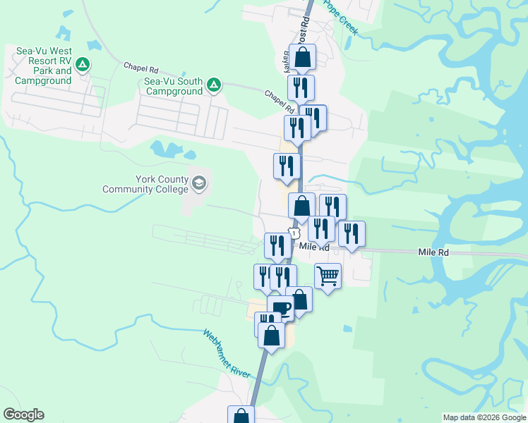map of restaurants, bars, coffee shops, grocery stores, and more near 1072 U.S. 1 in Wells
