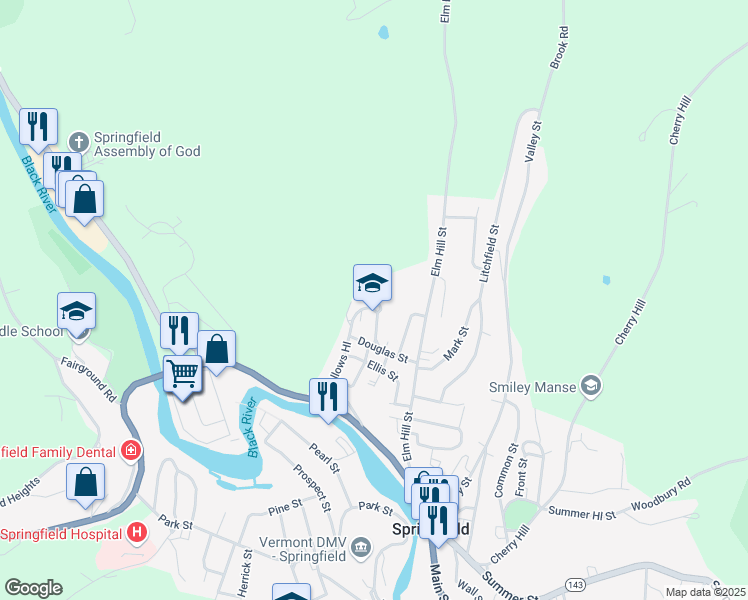 map of restaurants, bars, coffee shops, grocery stores, and more near 10 Hoover Street in Windsor County