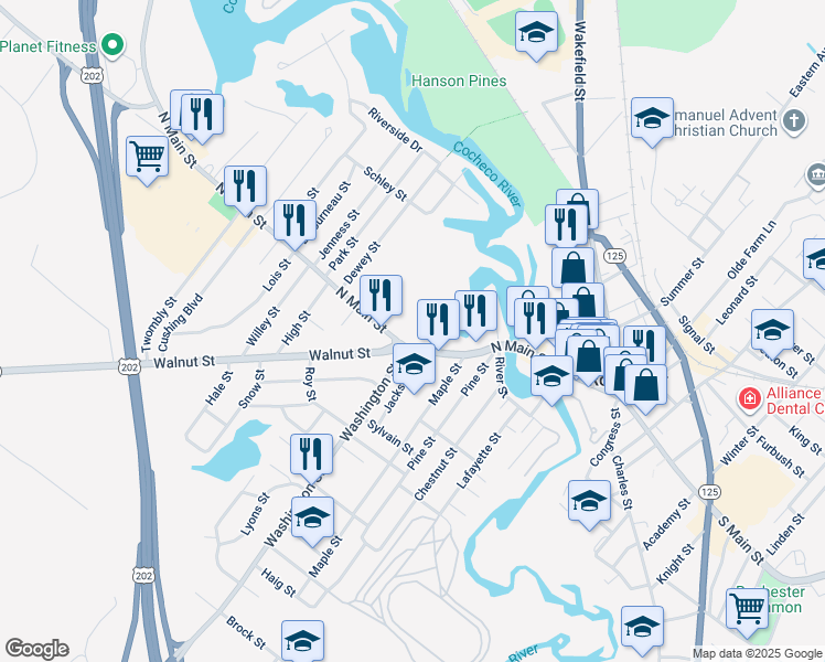map of restaurants, bars, coffee shops, grocery stores, and more near 189 North Main Street in Rochester