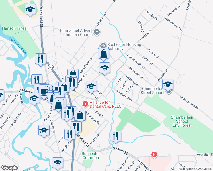 map of restaurants, bars, coffee shops, grocery stores, and more near 13 School Street in Rochester