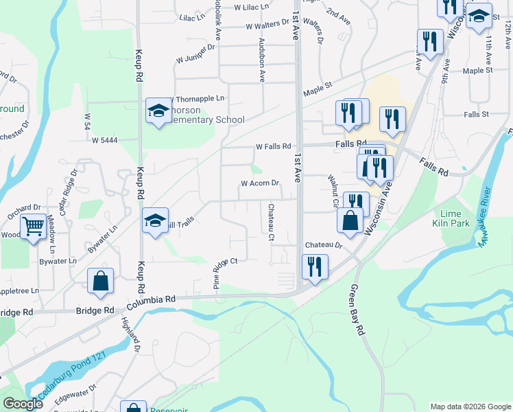 map of restaurants, bars, coffee shops, grocery stores, and more near 224 West Oak Street in Grafton
