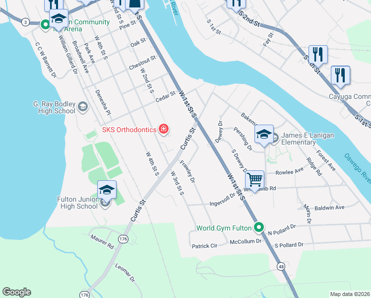 map of restaurants, bars, coffee shops, grocery stores, and more near 56 Curtis Street in Fulton