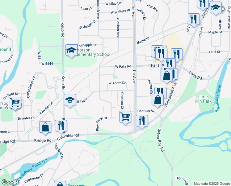 map of restaurants, bars, coffee shops, grocery stores, and more near 224 West Oak Street in Grafton