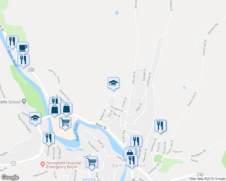 map of restaurants, bars, coffee shops, grocery stores, and more near 10 Hoover Street in Windsor County
