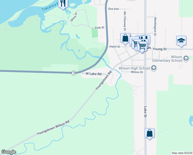 map of restaurants, bars, coffee shops, grocery stores, and more near 3877 West Lake Road in Wilson