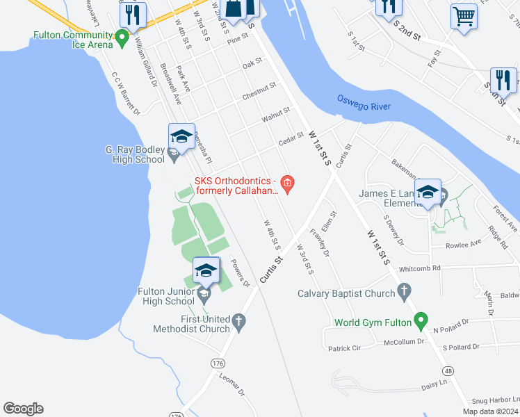 map of restaurants, bars, coffee shops, grocery stores, and more near 632 West 3rd Street South in Fulton