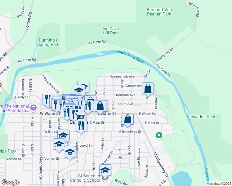 map of restaurants, bars, coffee shops, grocery stores, and more near 504 Decorah Avenue in Decorah