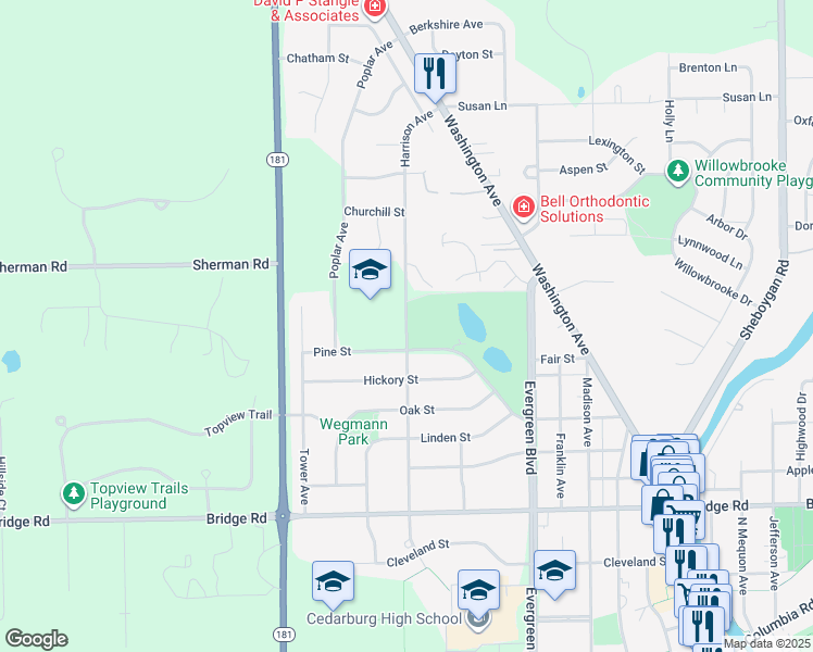 map of restaurants, bars, coffee shops, grocery stores, and more near Harrison Avenue in Cedarburg