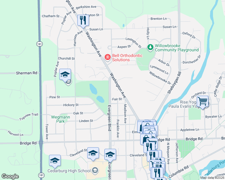 map of restaurants, bars, coffee shops, grocery stores, and more near W67N850 Evergreen Boulevard in Cedarburg