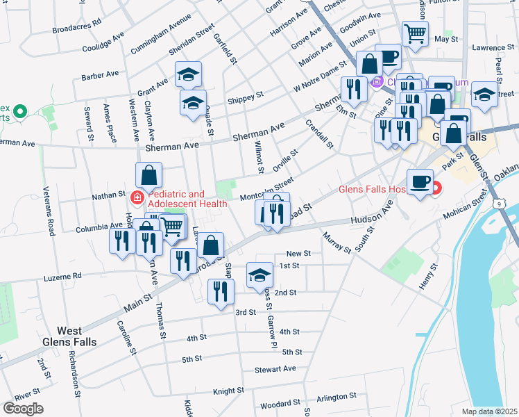 map of restaurants, bars, coffee shops, grocery stores, and more near 121R Broad Street in Glens Falls
