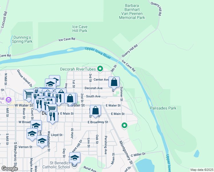 map of restaurants, bars, coffee shops, grocery stores, and more near 710 Decorah Avenue in Decorah