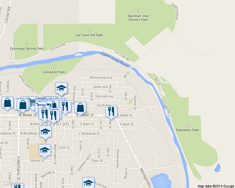 map of restaurants, bars, coffee shops, grocery stores, and more near 710 Decorah Avenue in Decorah