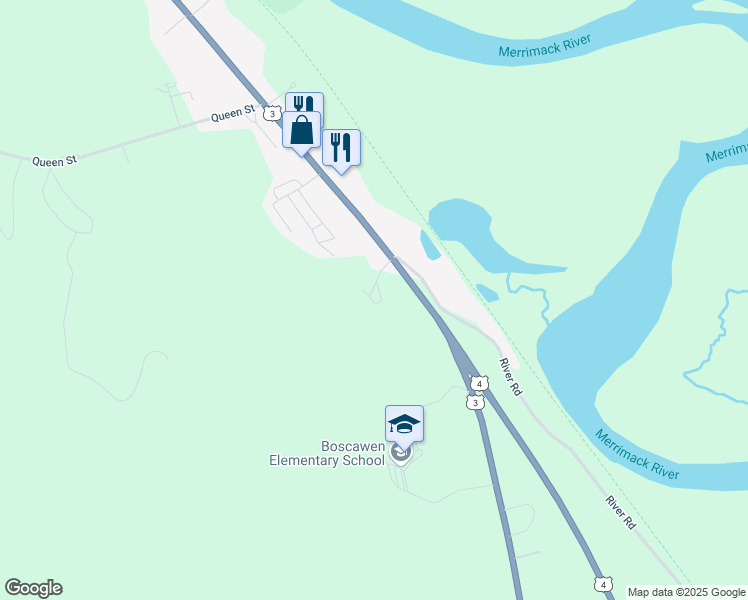 map of restaurants, bars, coffee shops, grocery stores, and more near 121 King Street in Boscawen