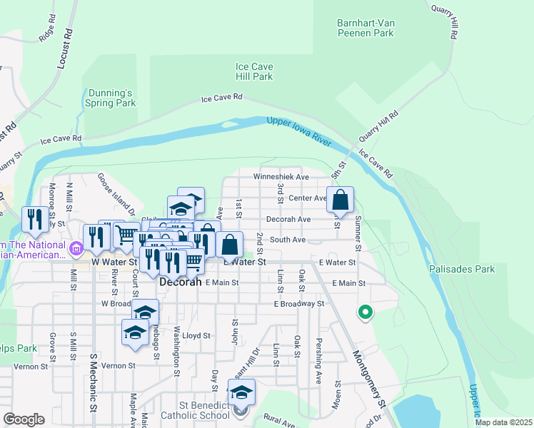 map of restaurants, bars, coffee shops, grocery stores, and more near 504 Decorah Ave in Decorah