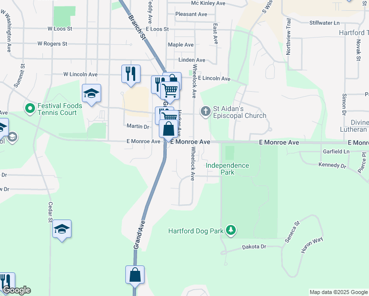 map of restaurants, bars, coffee shops, grocery stores, and more near 511 East Monroe Avenue in Hartford