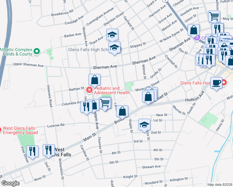 map of restaurants, bars, coffee shops, grocery stores, and more near 39 Larose Street in Glens Falls
