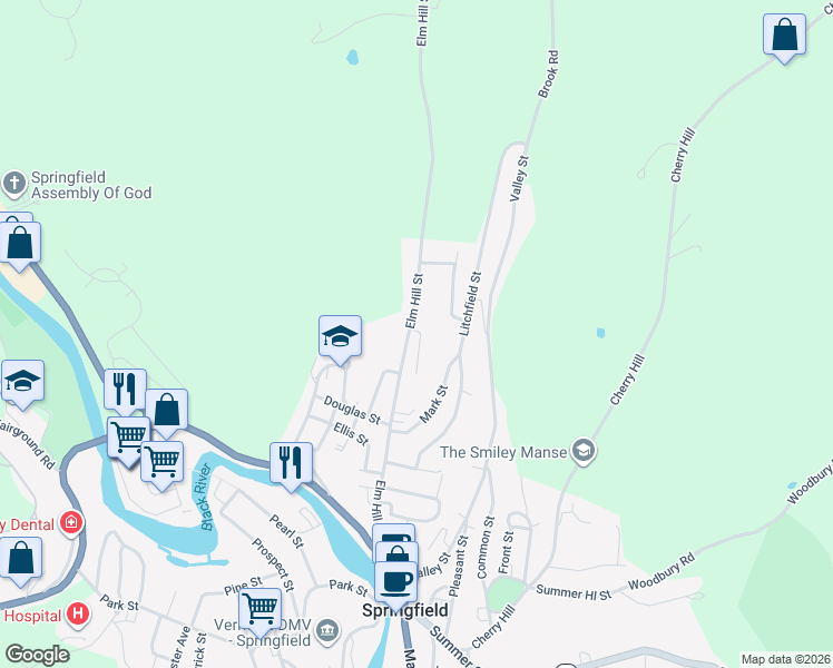 map of restaurants, bars, coffee shops, grocery stores, and more near 1 Hilltop Dr in Springfield