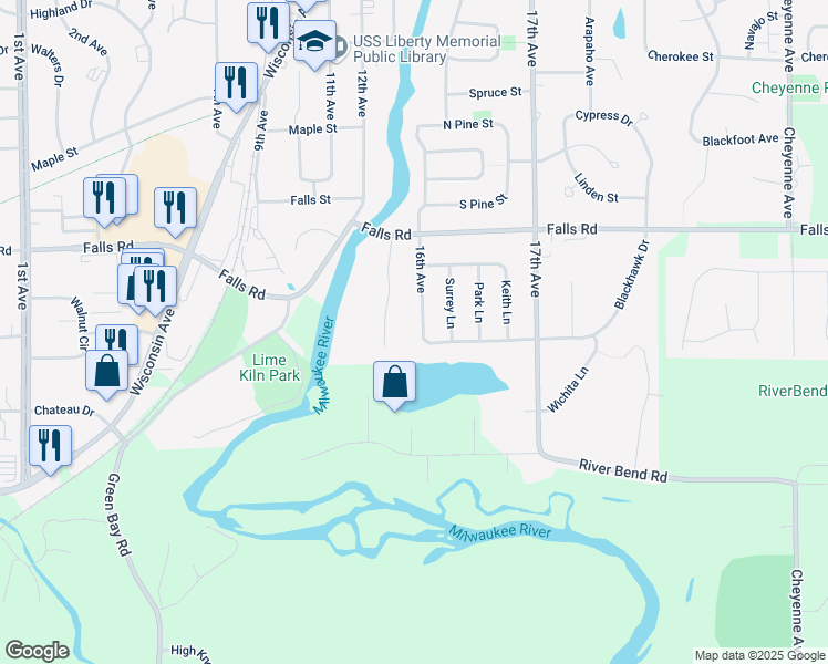 map of restaurants, bars, coffee shops, grocery stores, and more near 1961 16th Ave in Grafton